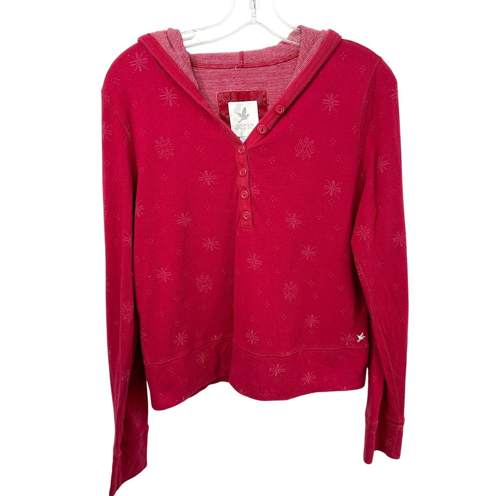 Aerie XL Hoodie Christmas Red Snowflake Henley Long Sleeve Cotton Holiday 893